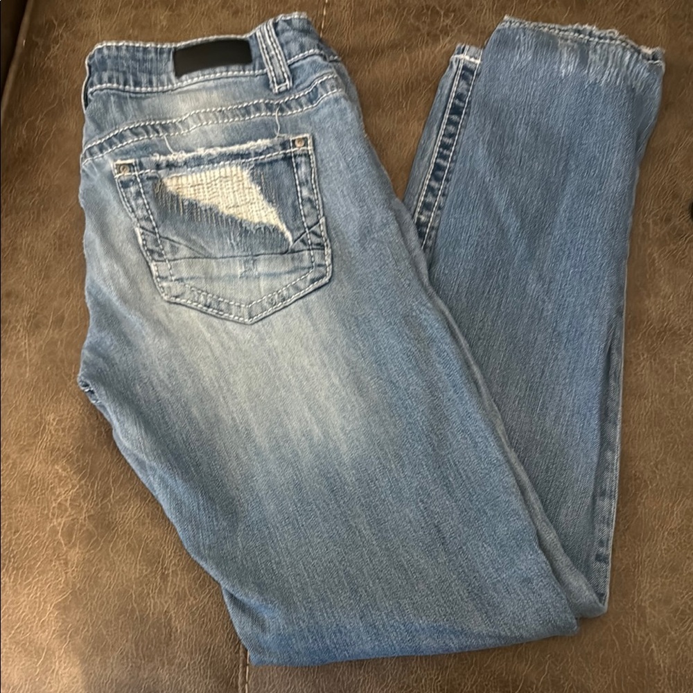 Daytrip Blue Straight Leg Jeans with Distressed Details